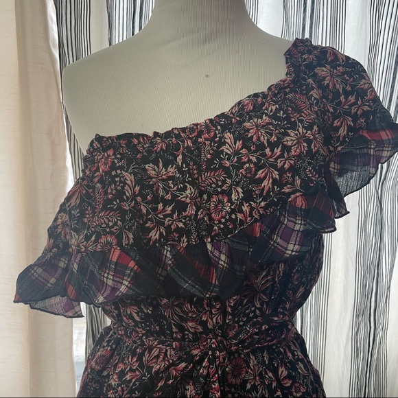 🌿Free People Red What About Love Maxi One Shoulder Floral Plaid Dress - Picture 4 of 11